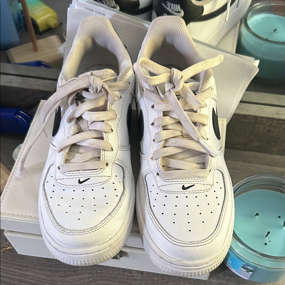 Youth 5.5  Nike Off-White Leather Sneakers with Black Swoosh